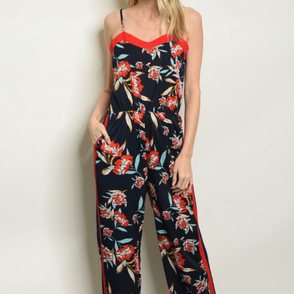 NAVY RED FLORAL JUMPSUIT - Picture 2 of 6